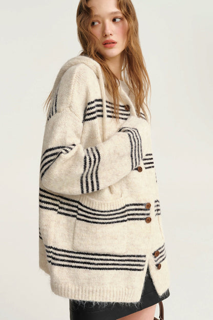 Slouchy Pinstripe Hooded Wool Cardigan