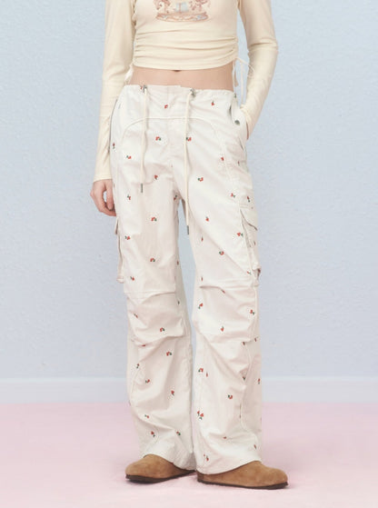 Cherry embroidered cargo pants