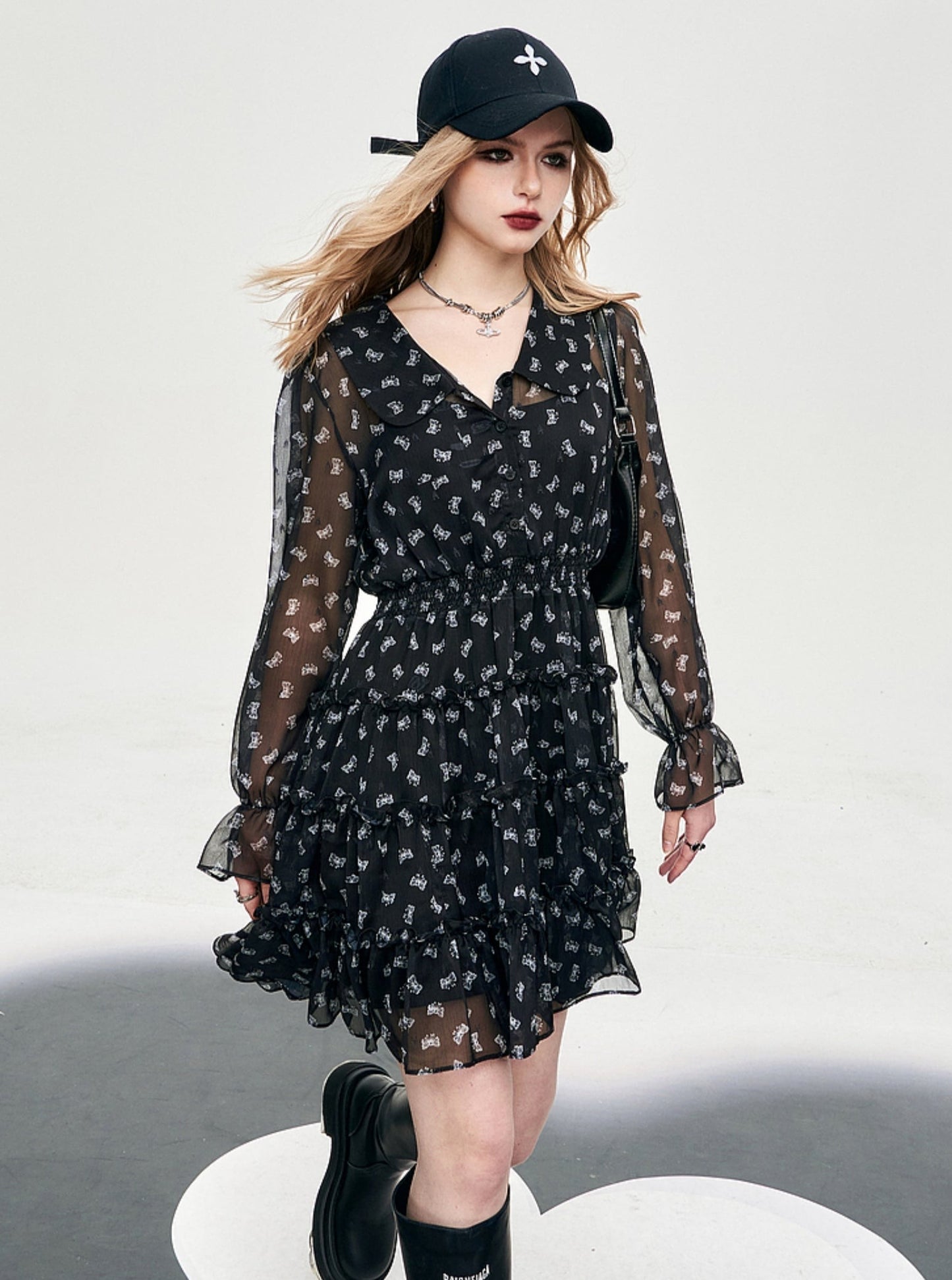 Black Floral Cinched Dress