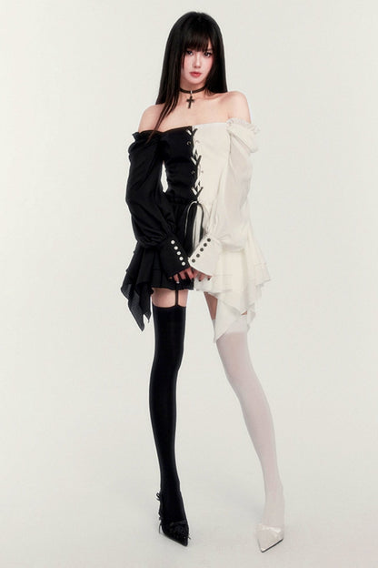 Fallen Angel Contrast Panel Dress With Short Leggings Set-UP