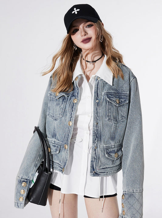 Round Neck Cropped Denim Jacket