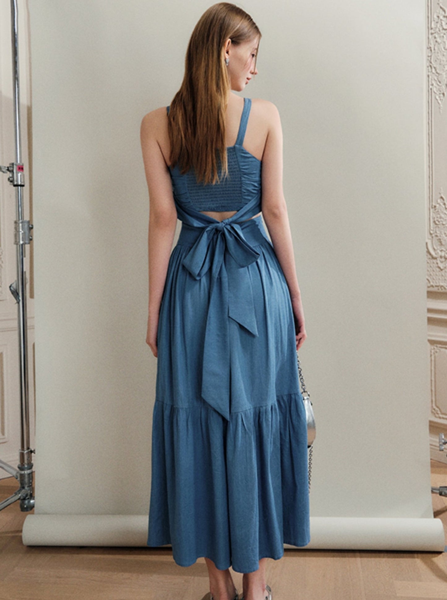 French Back Bow Blue Top And Skirt Set-Up