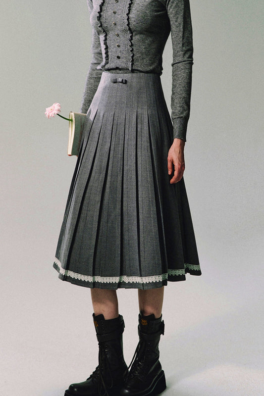 OAKMOO "Journey of Discovery" Grey Lace College Pleated Skirt Women's Fall/Winter 2024 Skirt Midi Length