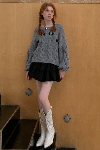 Grey Bow Pullover Knit Sweater Top