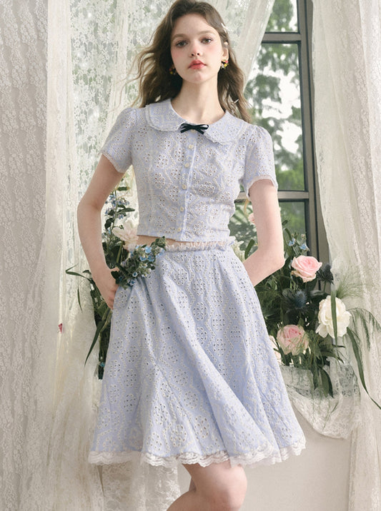 Embroidered Cotton Lace Shirt And Skirt Set-Up