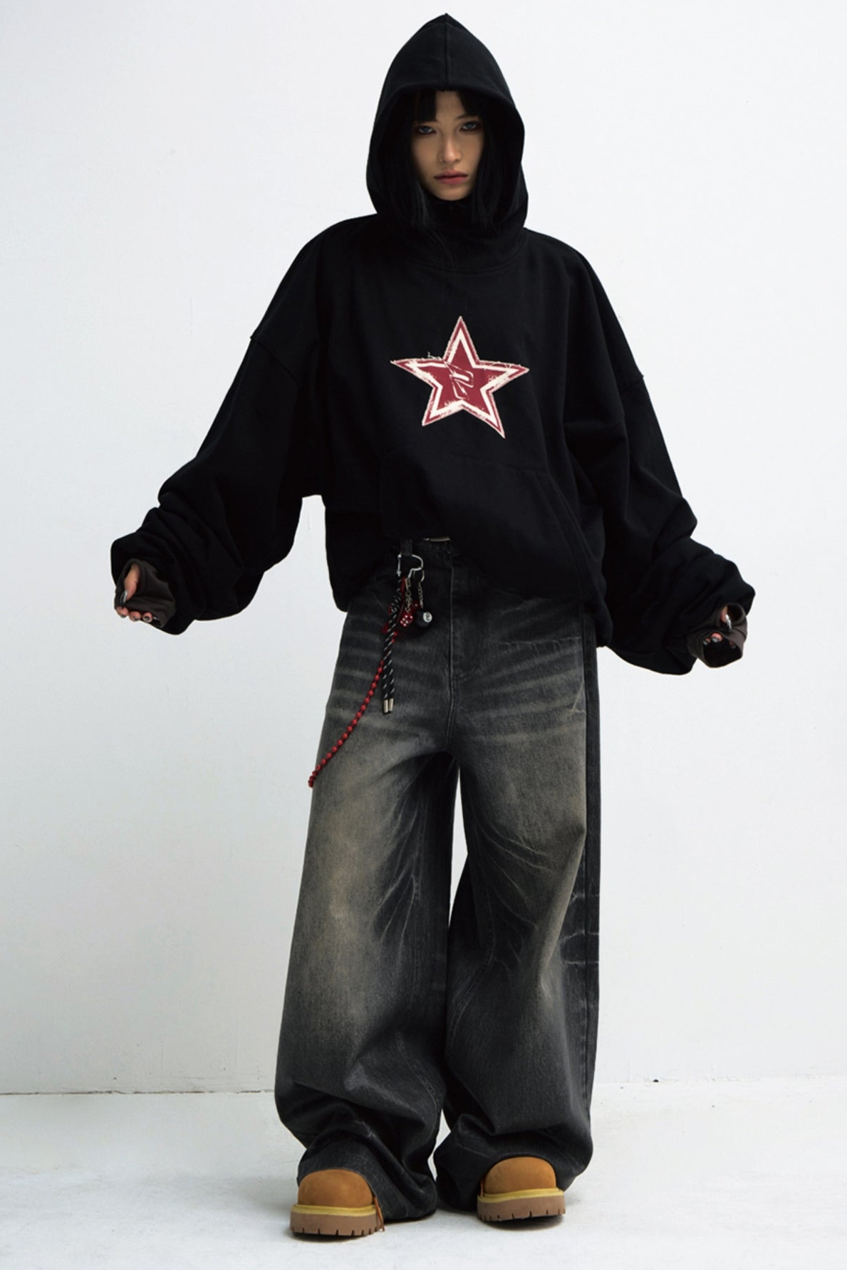 Loose Black Star Embroidered Hoodie Top