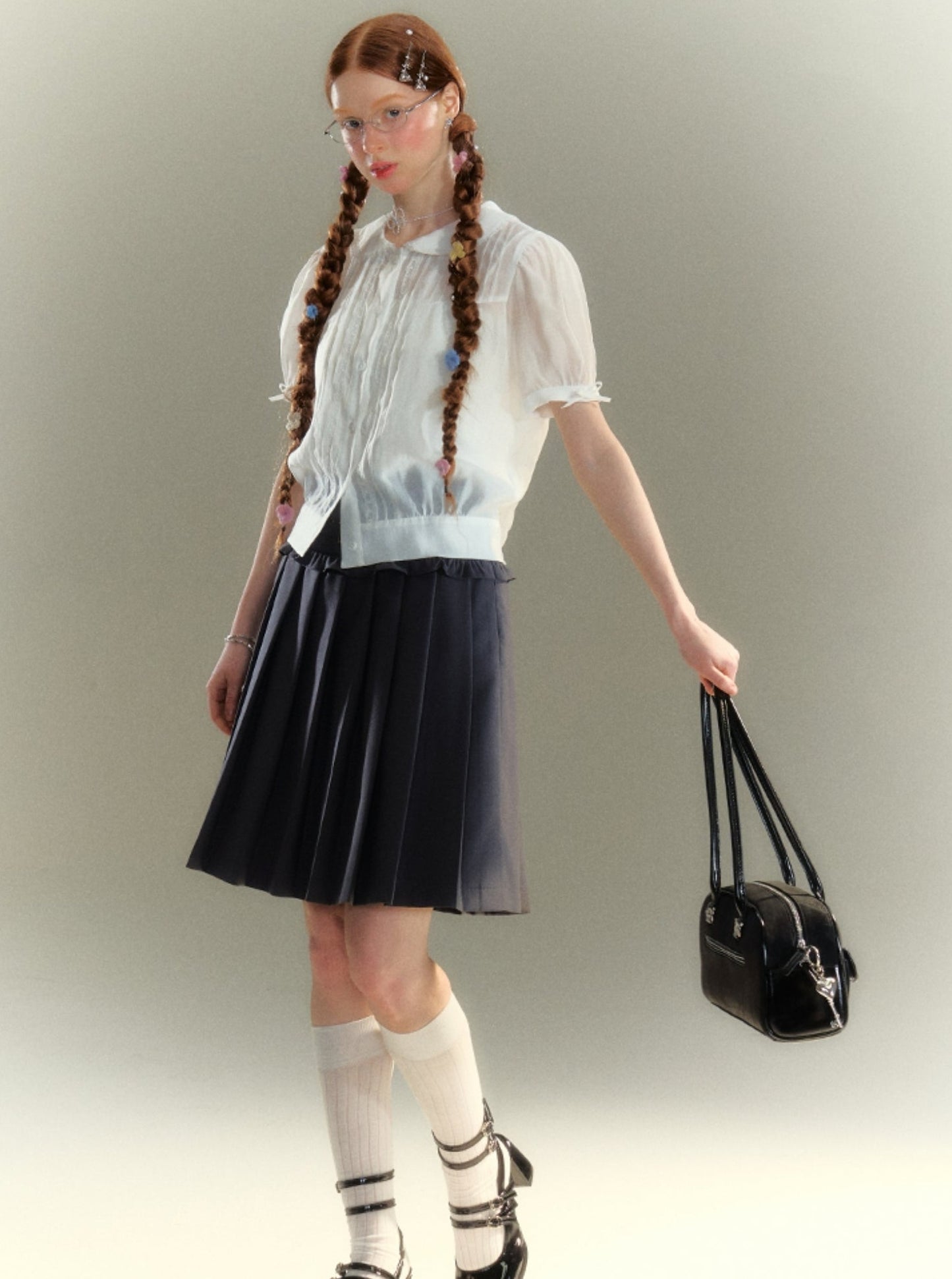 American Double Belt Pleated Skirt