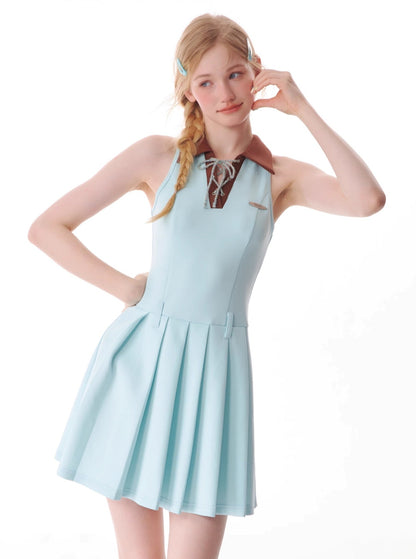 Polo Collar Lace-Up Pleated Dress