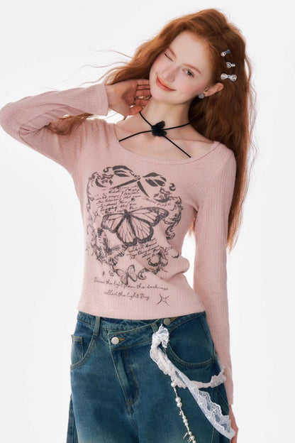 Butterfly Print Slim Halterneck Top