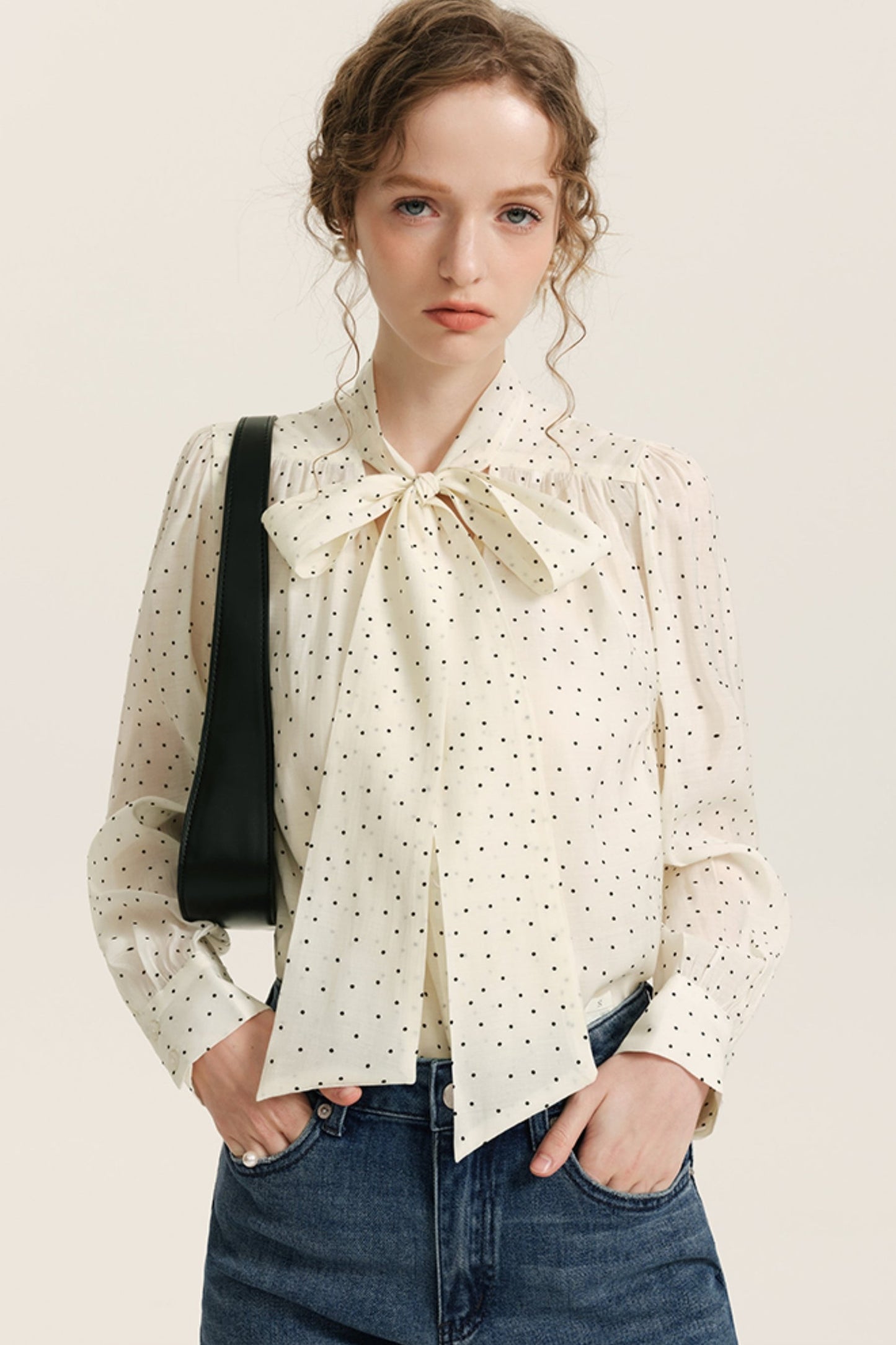 Vintage Polka Dot Flocked Bow Shirt