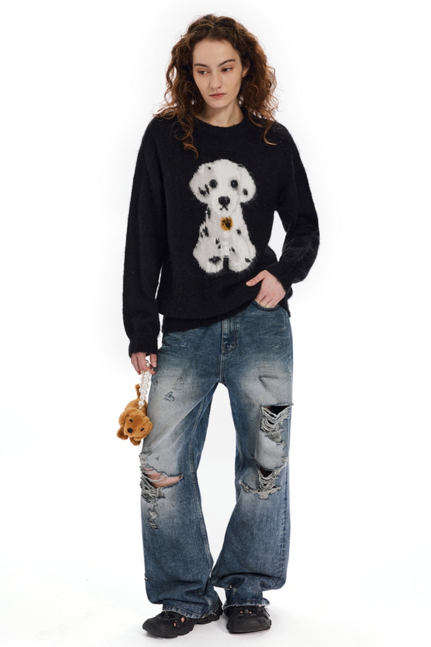 APEA American Mohair Dalmatiner Jacquard Lose Pullover Slouchy Crewneck Langärmliges Strickoberteil