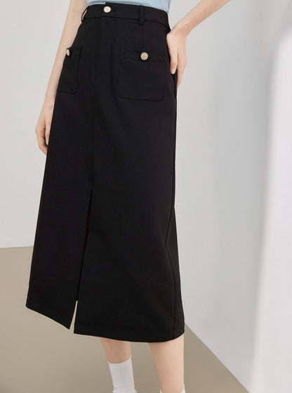 High Waist Pocket Design Sense Slit Skirt