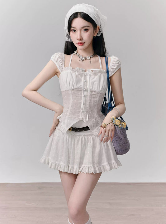 Fragile Shop, Korean Pictorial Oxygen Sweet Embroidered Lace-up Top Summer Set [Spot]