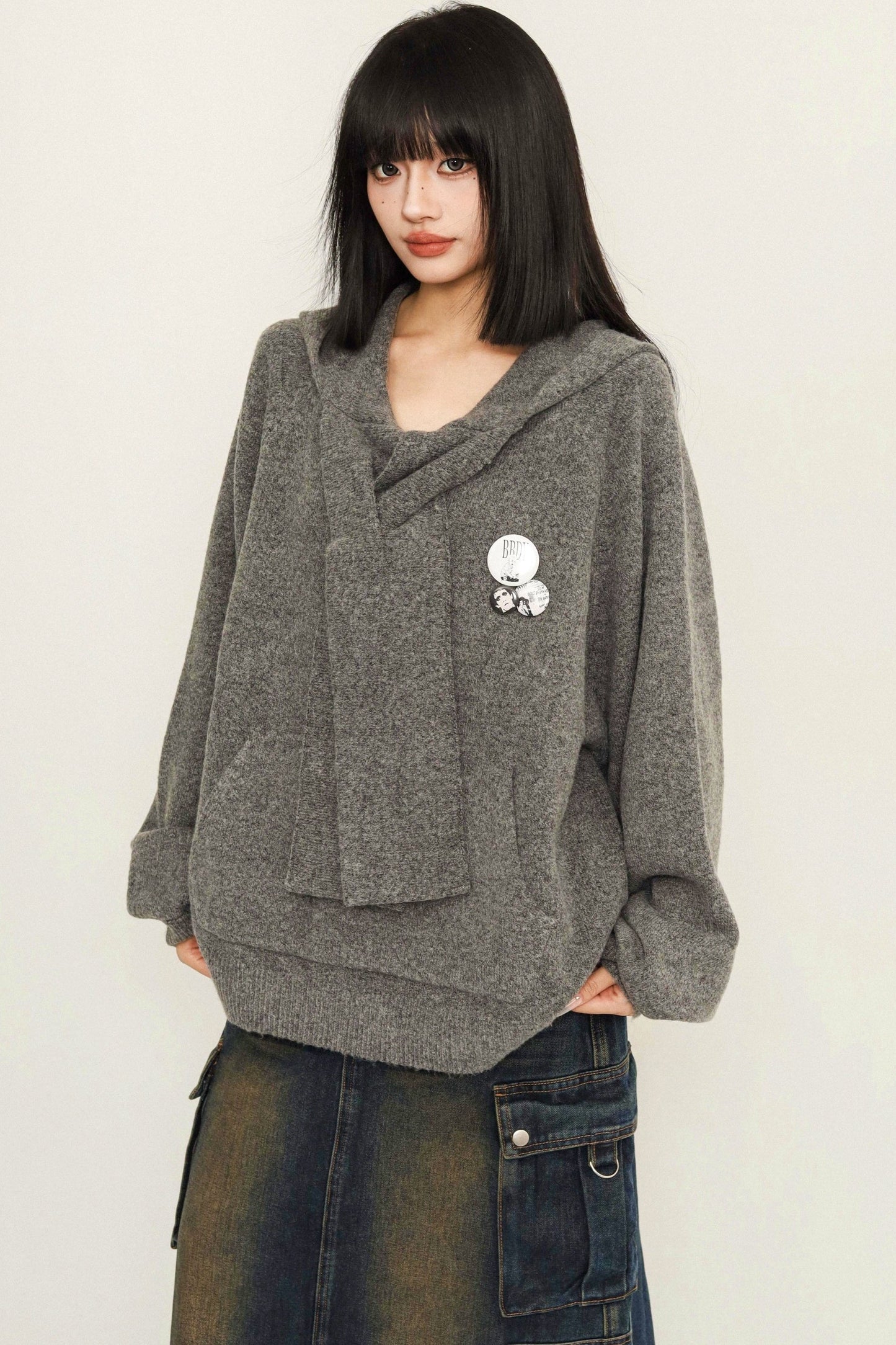 Loose Fit College Style Knitted Hoodie