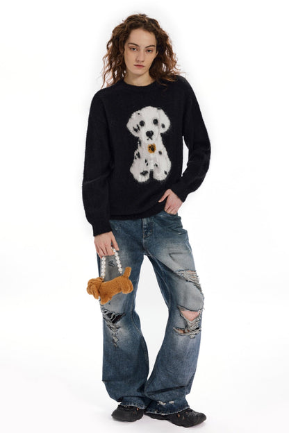 APEA American Mohair Dalmatiner Jacquard Lose Pullover Slouchy Crewneck Langärmliges Strickoberteil