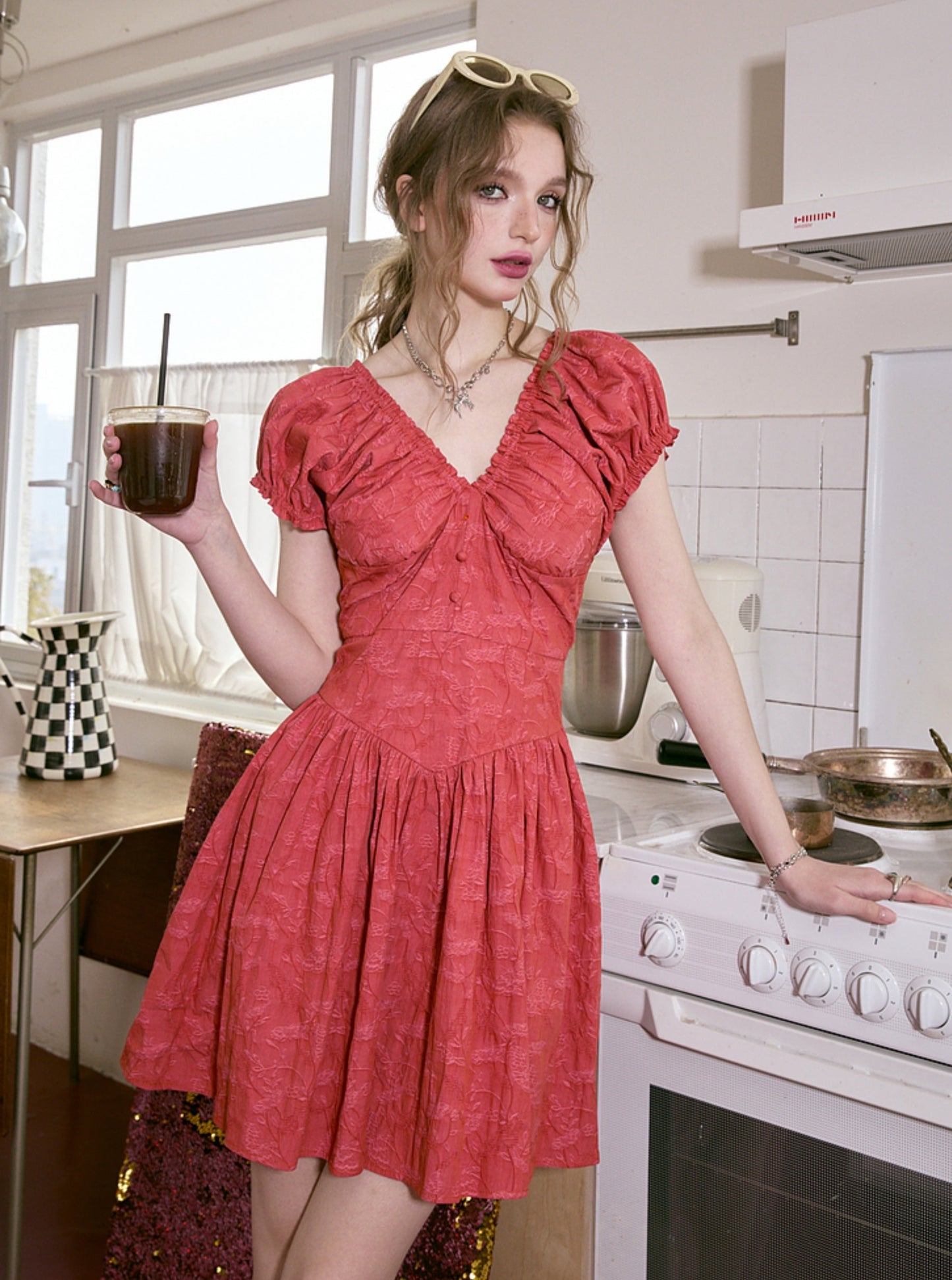 Red Jacquard Slimming French Dress