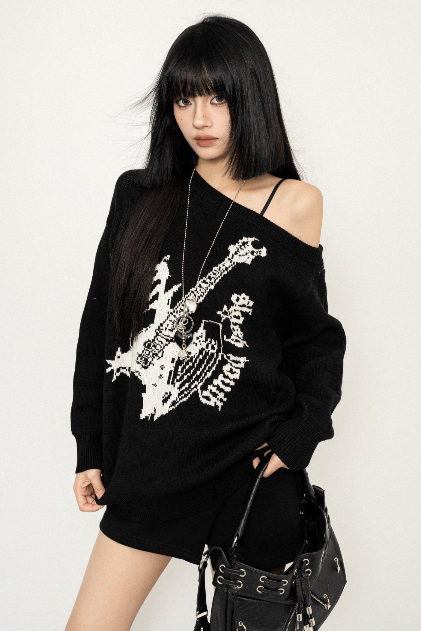 OCTTFLAB Pre-Fall Off-the-Shoulder Slim Punk Sweater Guitar Jacquard Top Knitwear Women's 2024 New Trend