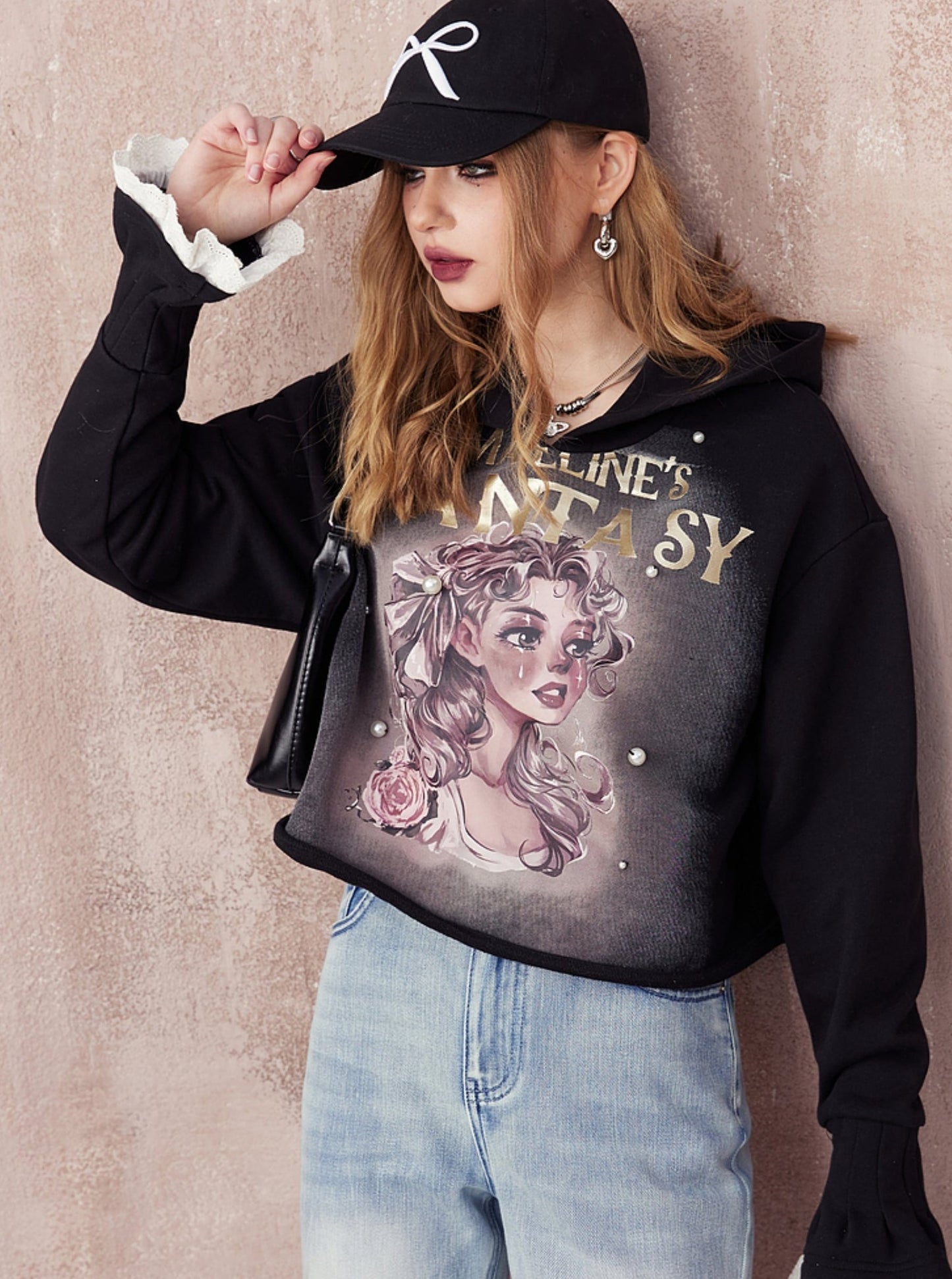 Stitching Print Black Hoodie Top