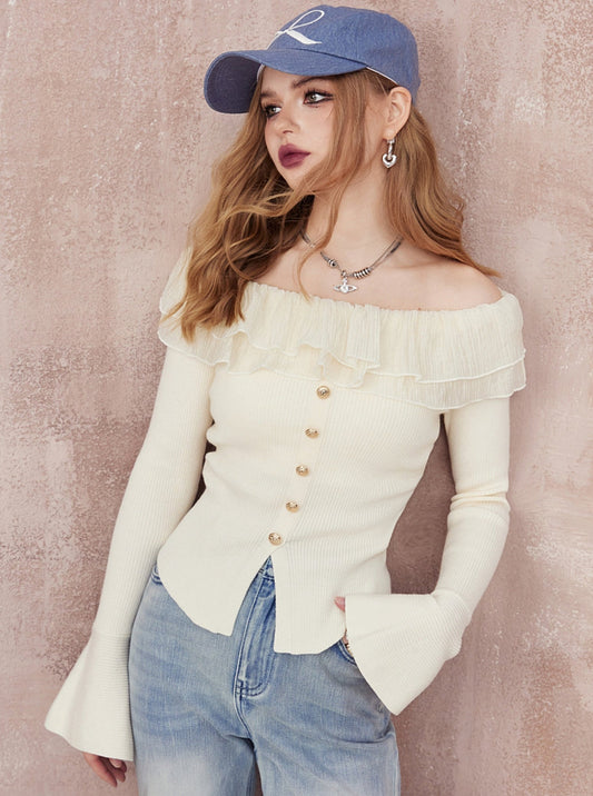 Ruffle One-Shoulder Knit Sweater Top