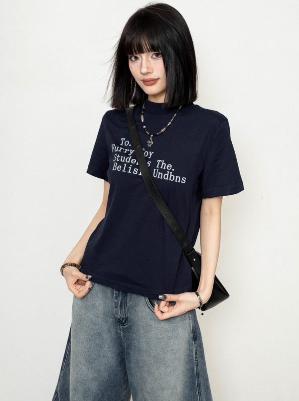 Retro Letter Print Short Sleeve Top