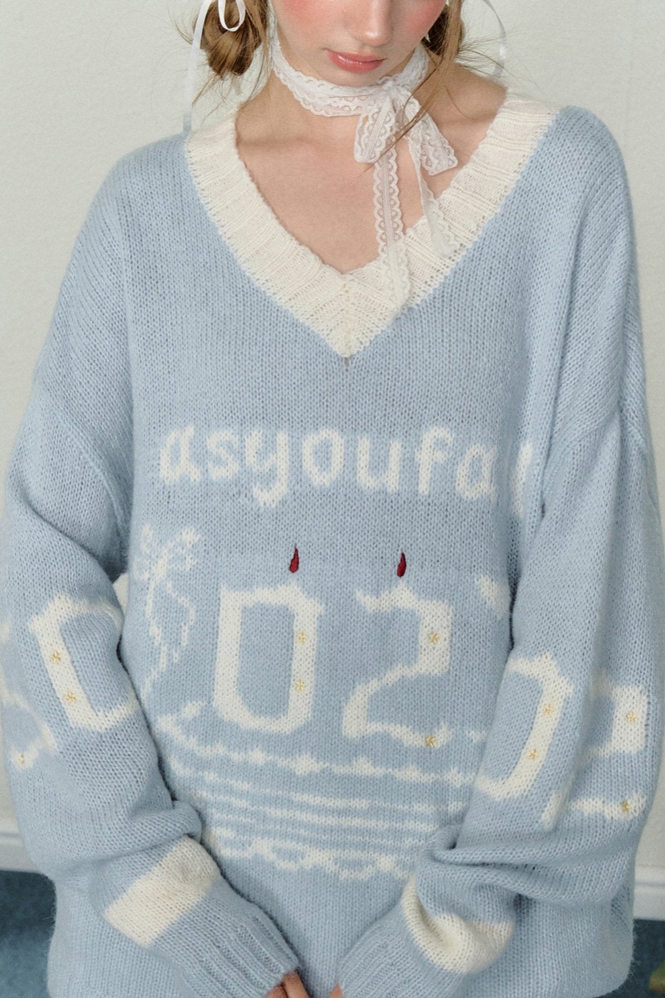 AYF Digital Candle Cake Jacquard Sweater Original design sense vintage V-neck knitted slouchy style long-sleeved sweater