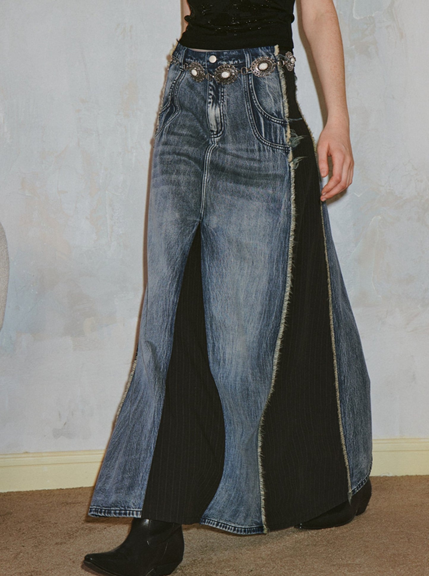 Vintage Distressed Washed Denim Skirt