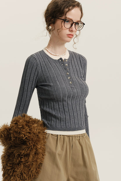 GREY HENLEY KNIT PATCHWORK TOP