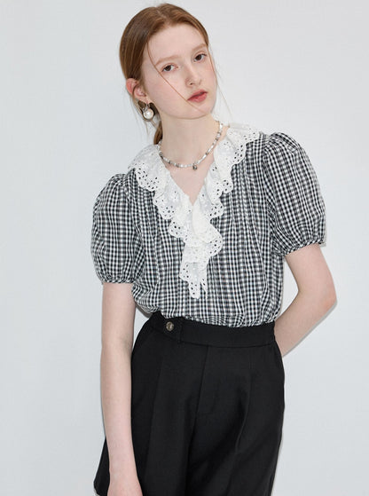 Lace Collar Check Short Sleeve Shirt