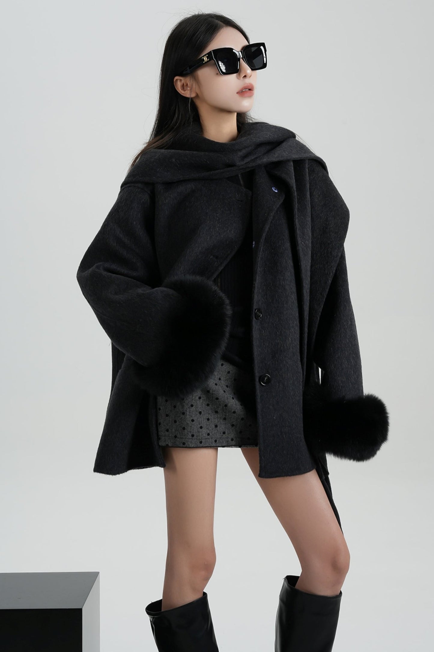 Fox Fur Sleeve Mid-Length Wool Coat