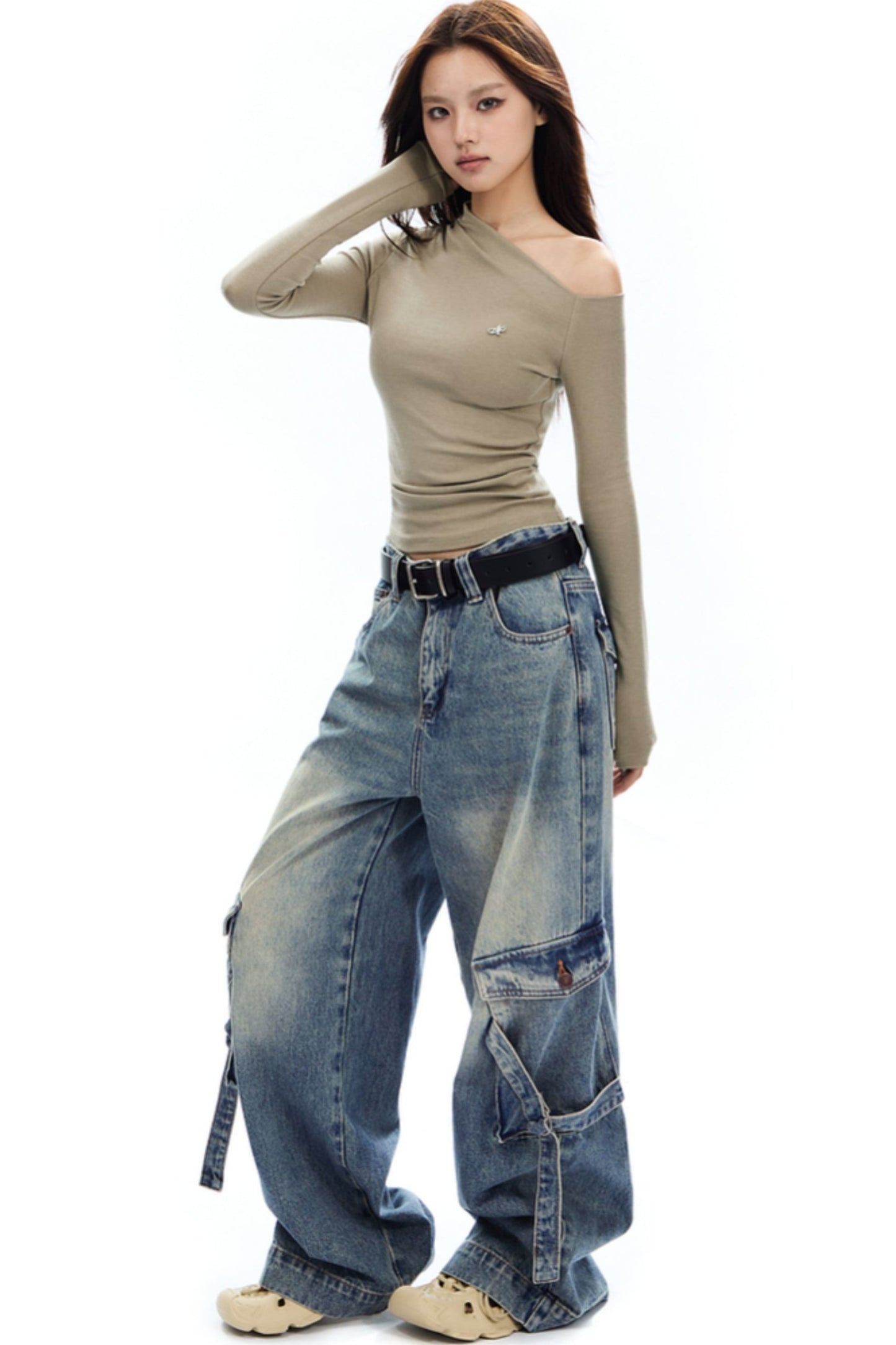 APEA American Retro Wash Distressed Cargo Jeans Women's Fall 2024 New Loose Straight Wide Leg Pants