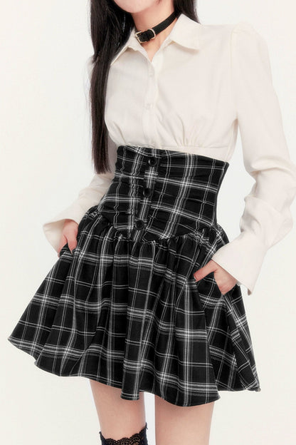 High WAIST HERRINGBONE CHECK STRAP SKIRT