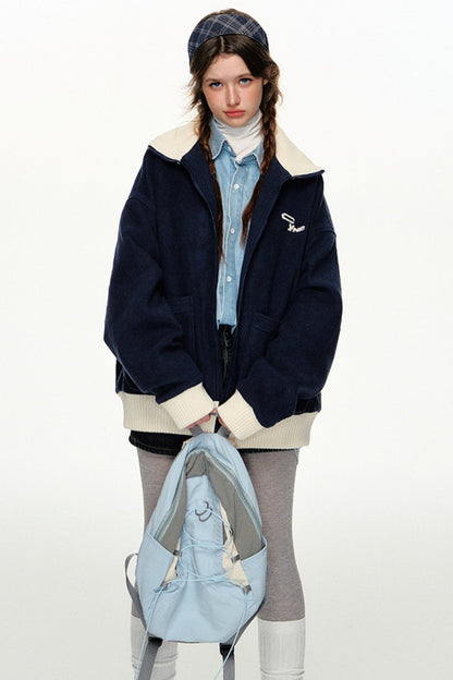 Preppy Fleece Stand-Up Collar Jacket