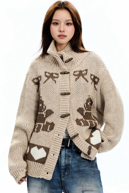 APEA Retro Lazy Bow Bear Jacquard Pullover Women's New Knitted Cardigan Jacket mit Wool Stand Collar