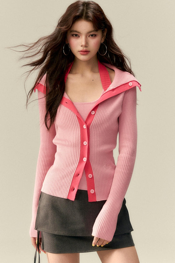 볼드 칼라 대조 카디건 세트업 