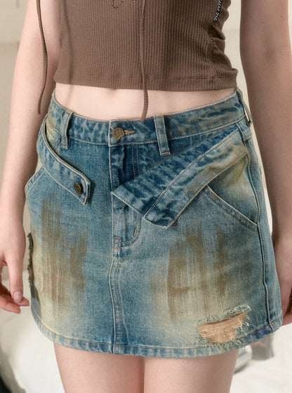 Ripped Dirty Wash Denim Skirt