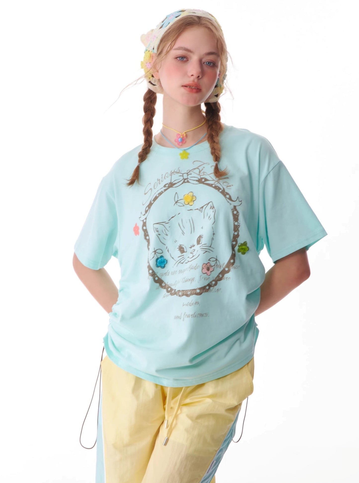 Loose Cat Print Drawstring T-Shirt