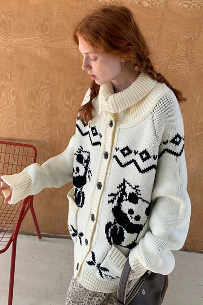 Fun Girly Panda Contrast Vintage Knit Jacket