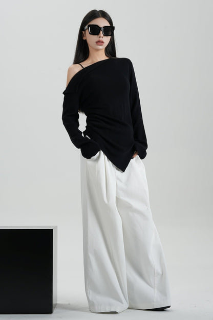 Straight Neckline Slanted Shoulder Sweater