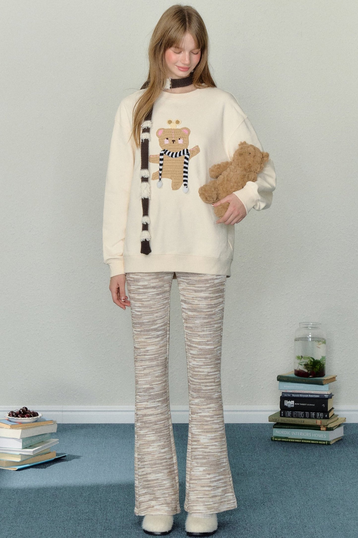 AYF Clockwork Dancing Bear Pullover Sweatshirt Pre-Fall French Vintage Embroidery Loose Slouchy Round Neck Sweatshirt Women