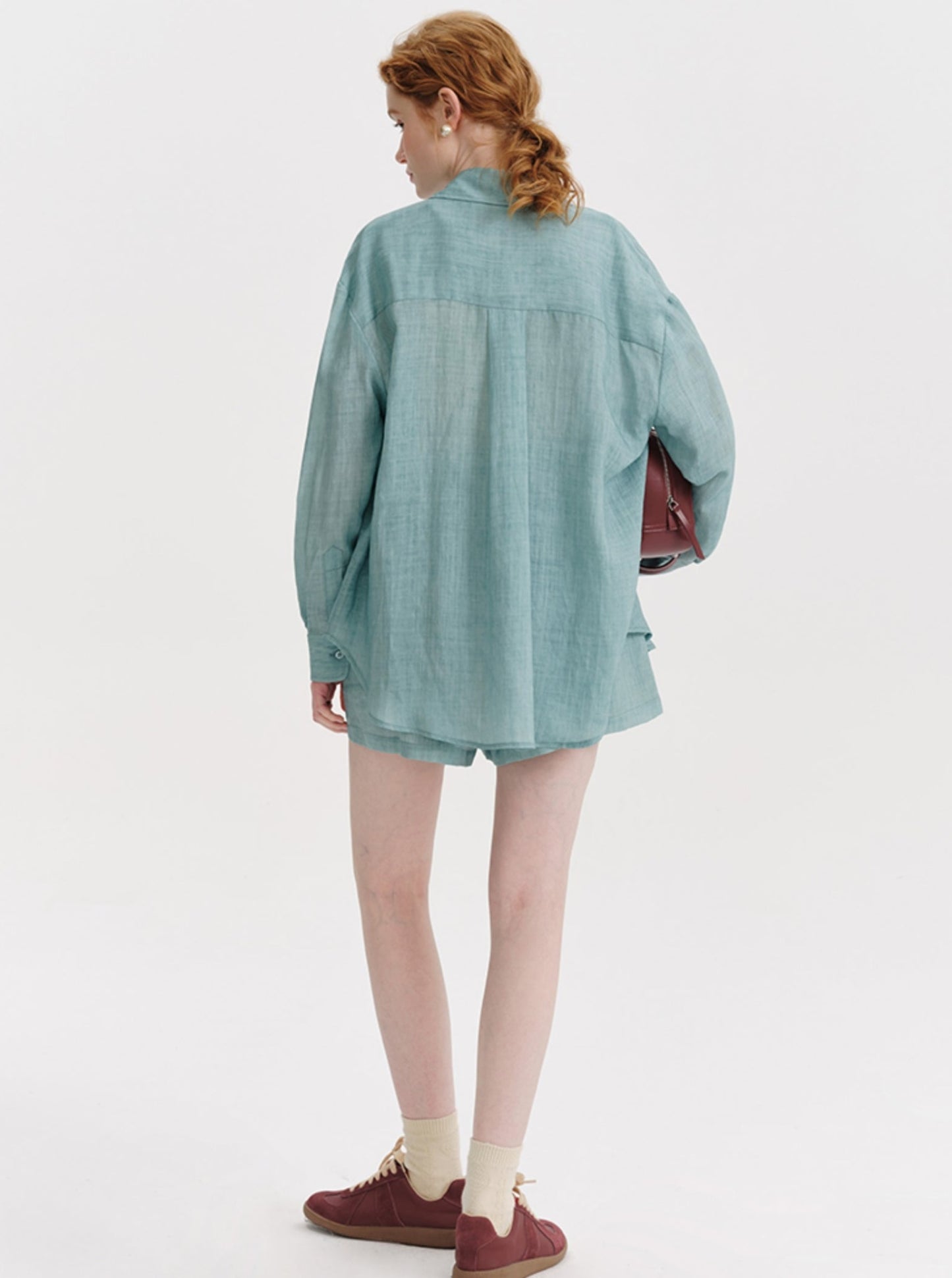 DESIGNER PLUS Hypo Blue Ramie Tencel Sunscreen Shirt Set Light Langarmshirt Lace-up Shorts