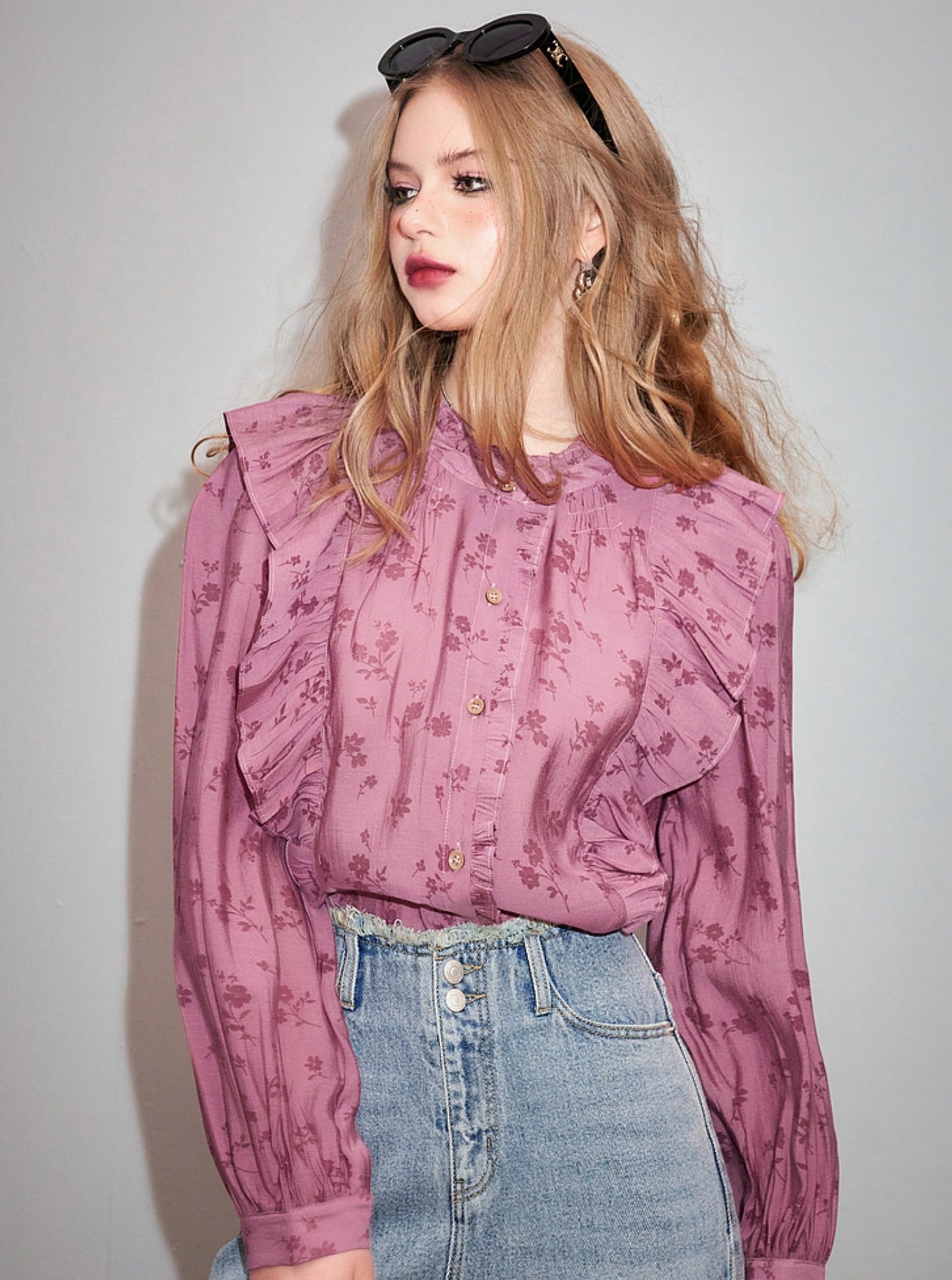 Balloon Sleeve Floral Chiffon Shirt