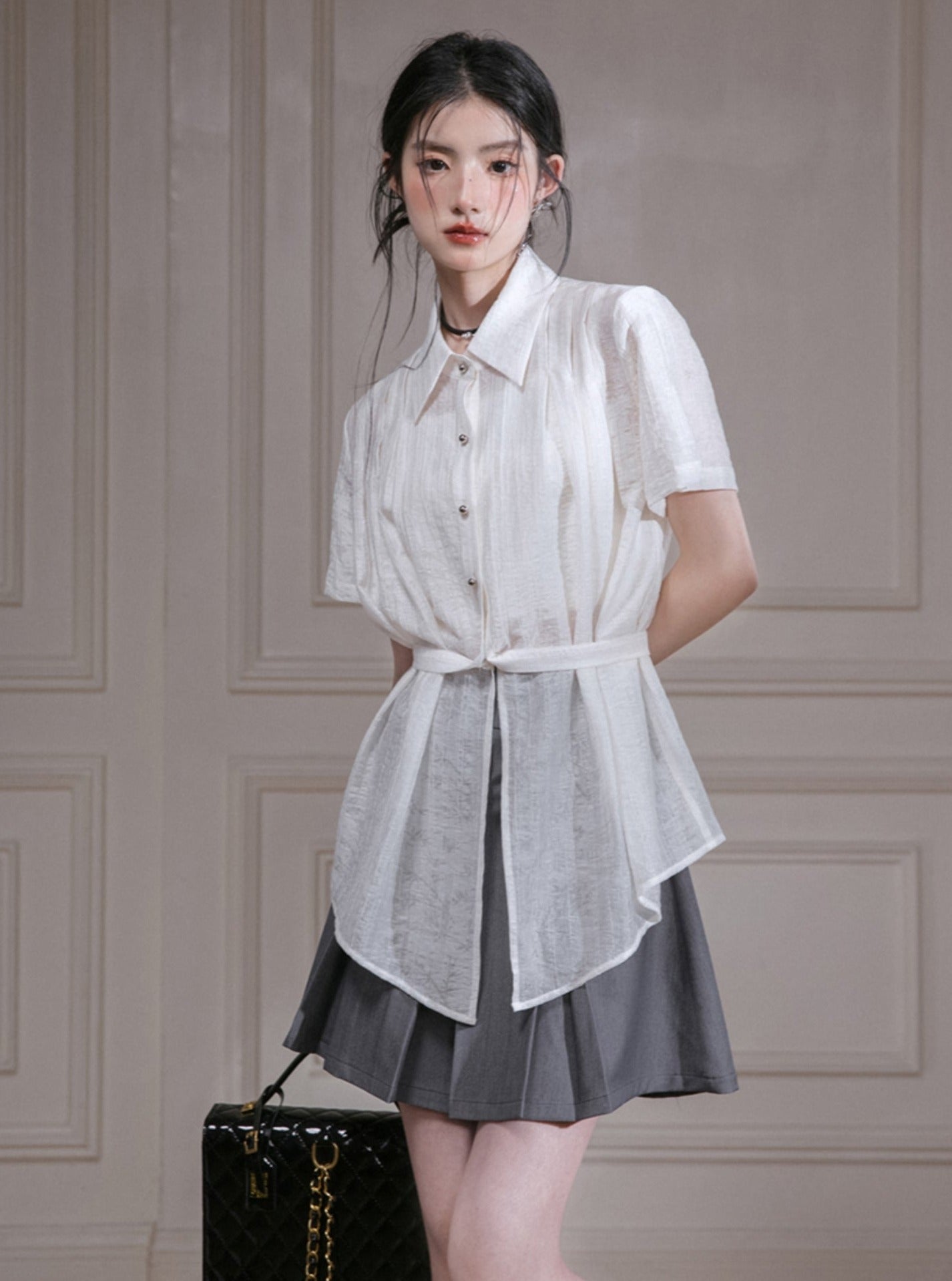 Apricot White Pleated Waist Shirt Set