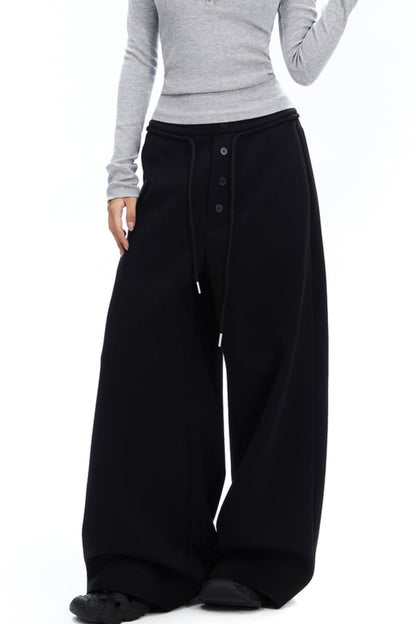 APEA American Retro Fake Placket Black Grey Straight Leg Sweatpants Women's Elasticated Waist Drawstring Loose Wide Leg Casual Pants