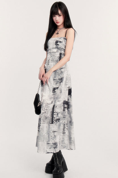 Retro Punk Pictorial Print Slip Dress