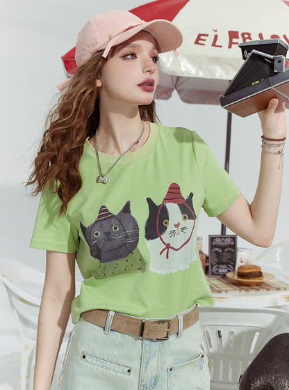 Cat Print Shoulder Slim T-Shirt
