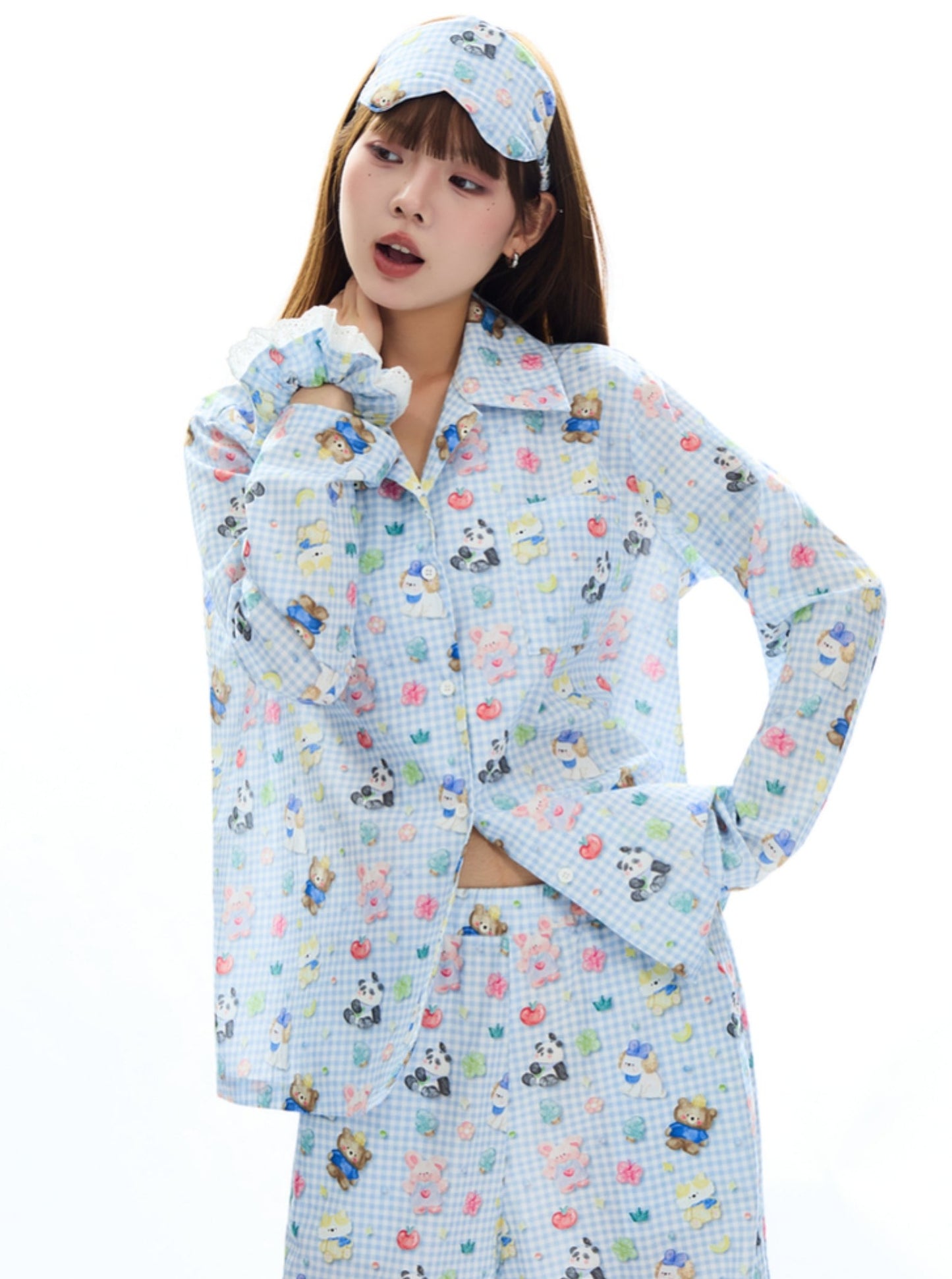 APEA sleepy bear puppy lazy long-sleeved pajamas cotton cute cartoon print parental pants two-piece suit