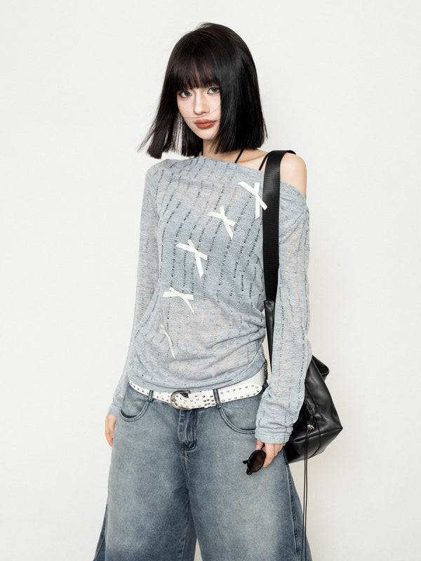 Off-Shoulder Mesh Cut-Out Blouse Top