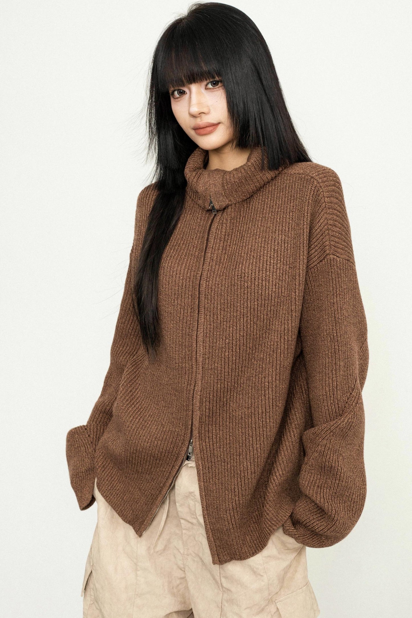 High Neck Zip Knit Sweater