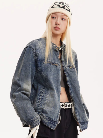 American Retro Washed Denim Biker Jacket