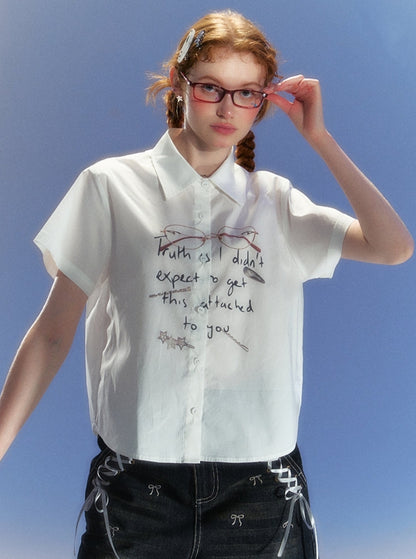 Glasses Letter Print Short Sleeve Shirt